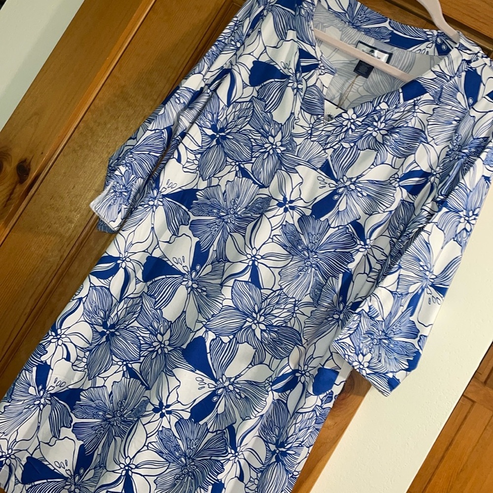 Island Collection Stella Parker Sundress cover-up Dress Ink navy Blue Tropical L
